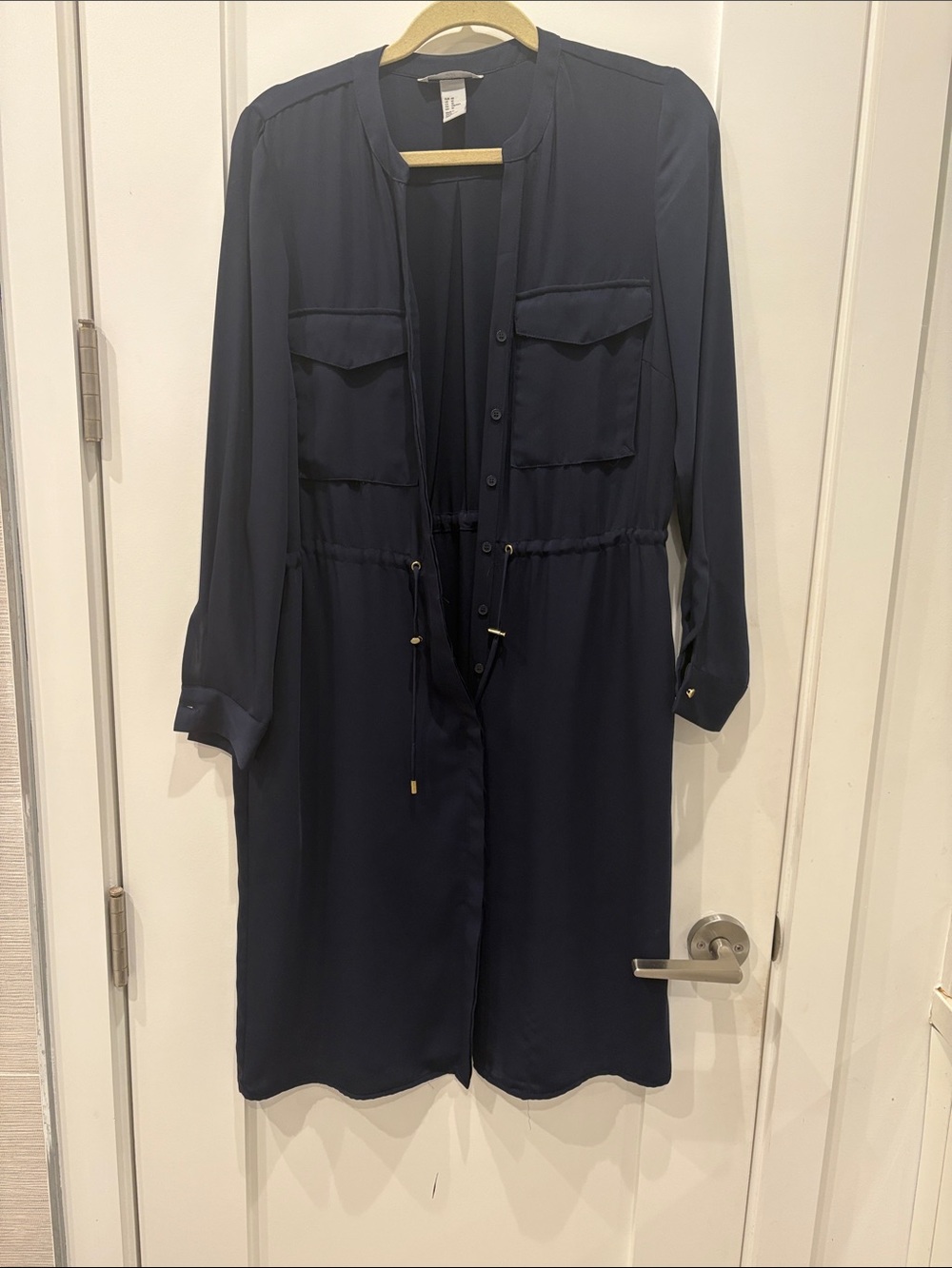H&M Dark Navy Long Sleeve Shirt Dress with Drawstring Waist